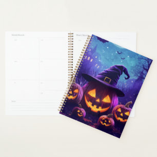 funny scary pumpkins in hats for halloween planner