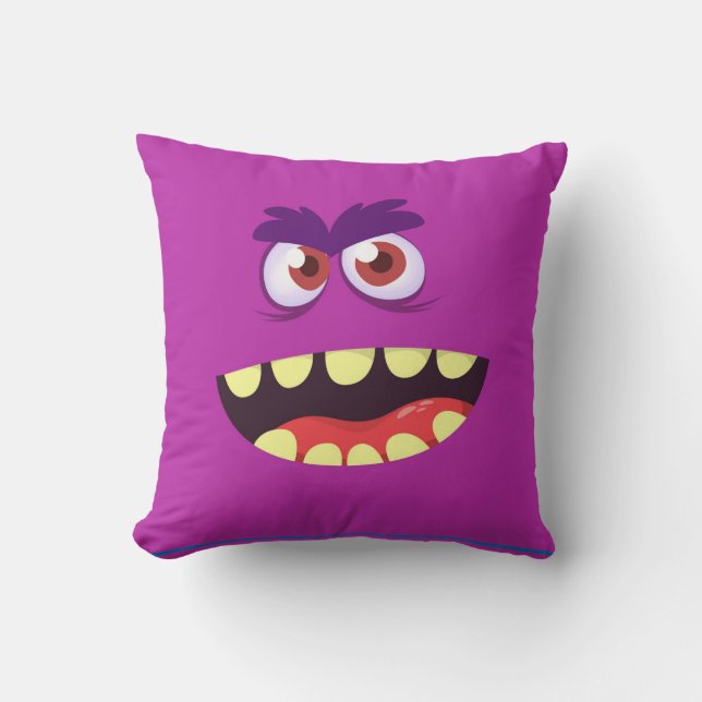 Funny Scary Silly Monster Face for Kids - purple Throw Pillow (Front)