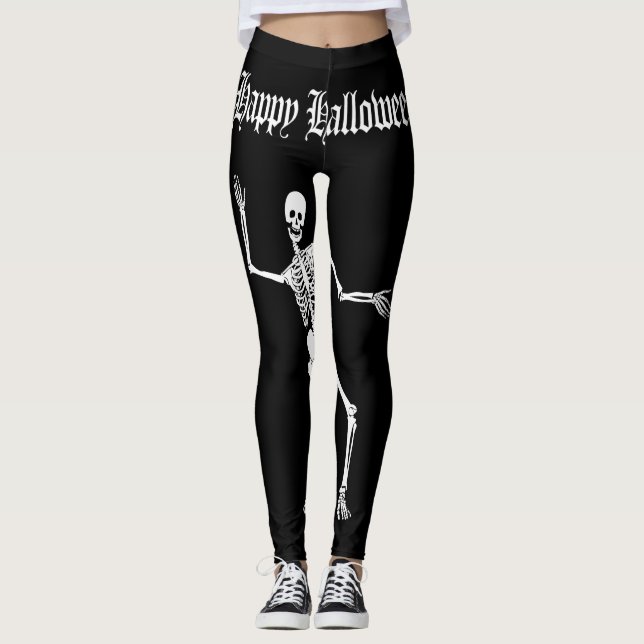 Funny Scary Skeleton Happy Halloween Leggings (Front)