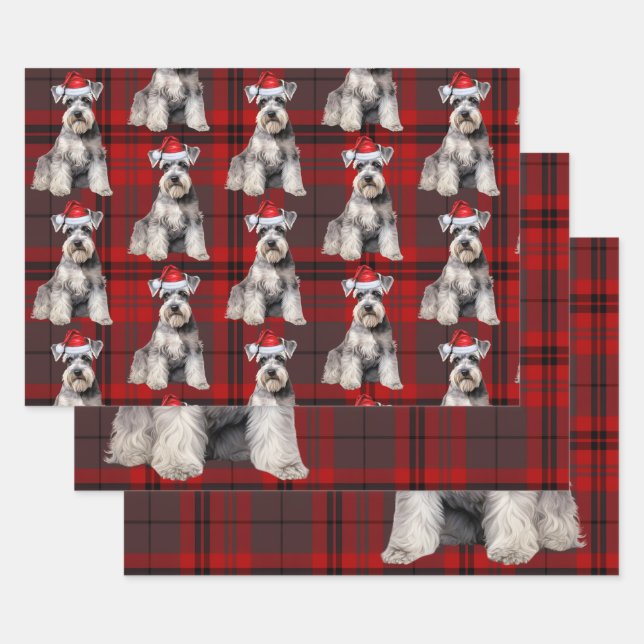 Funny Schnauzer Christmas Dog Holiday Plaid Wrapping Paper Sheets (Set)