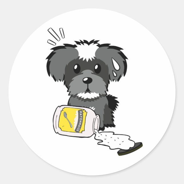 Funny schnauzer dog spilled mayonnaise classic round sticker (Front)