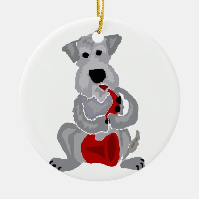 Funny Schnauzer Playing Red Saxophone Ceramic Ornament (Front)