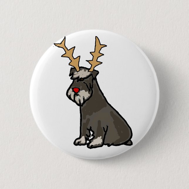 Funny Schnauzer with Reindeer Antlers Christmas Button (Front)