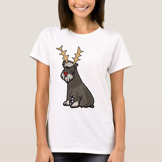 Funny Schnauzer with Reindeer Antlers Christmas T-Shirt (Front)