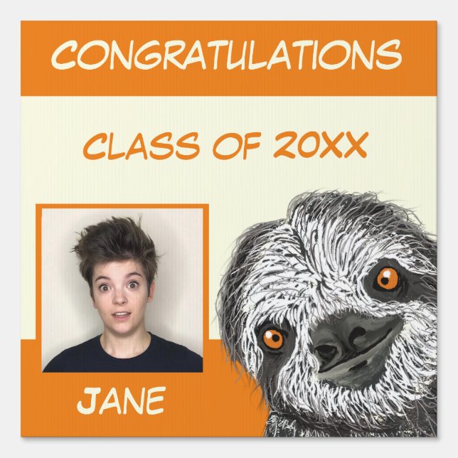 Funny School Graduation Sloth Add Photo Name Sign (Front)