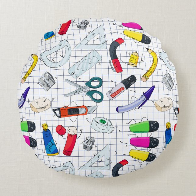 Funny school supplies characters. round pillow (Front)