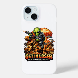 Funny Sci-Fi Fantasy Meme Art, Alien Riding Dinosa iPhone 15 Case