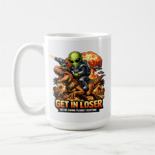 Funny Sci-Fi Fantasy Meme Art, Alien Riding Dinosa Coffee Mug