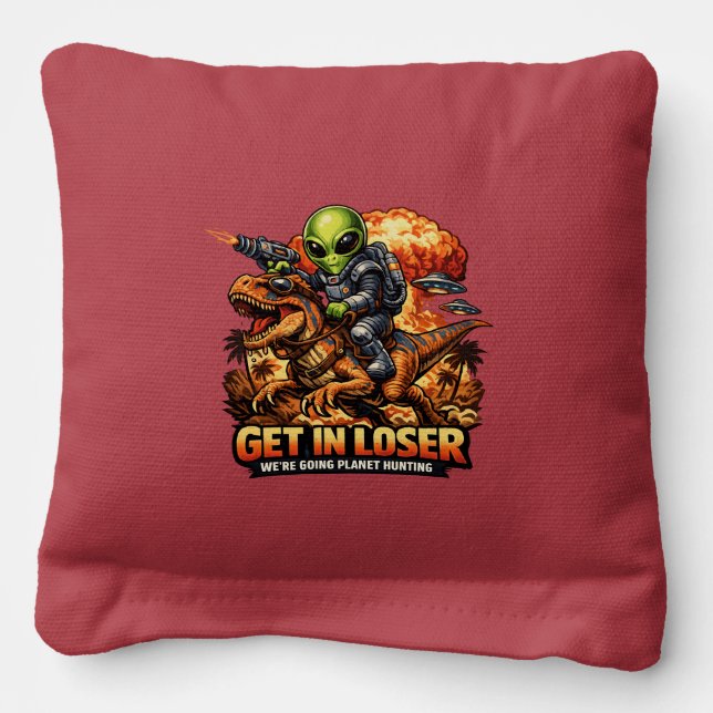 Funny Sci-Fi Fantasy Meme Art, Alien Riding Dinosa Cornhole Bags (Front)