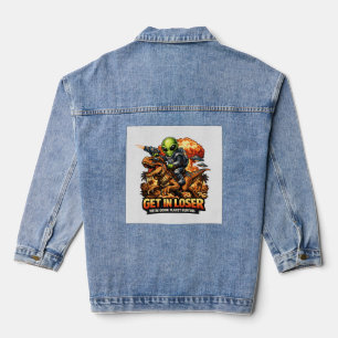 Funny Sci-Fi Fantasy Meme Art, Alien Riding Dinosa Denim Jacket