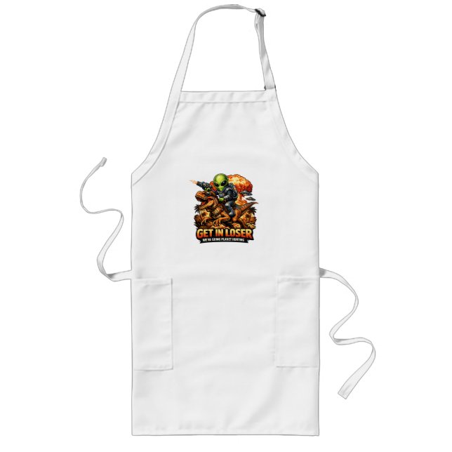 Funny Sci-Fi Fantasy Meme Art, Alien Riding Dinosa Long Apron (Front)