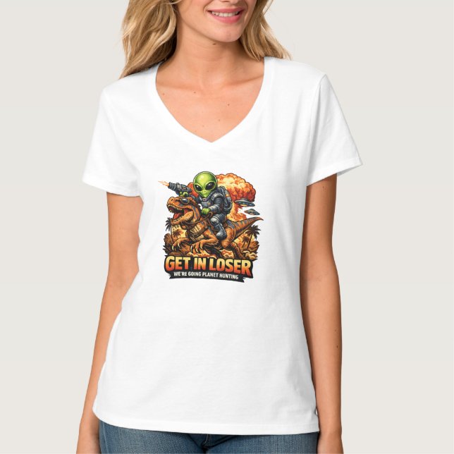 Funny Sci-Fi Fantasy Meme Art, Alien Riding Dinosa T-Shirt (Front)
