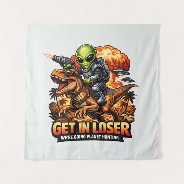 Funny Sci-Fi Fantasy Meme Art, Alien Riding Dinosa Tapestry (Front)