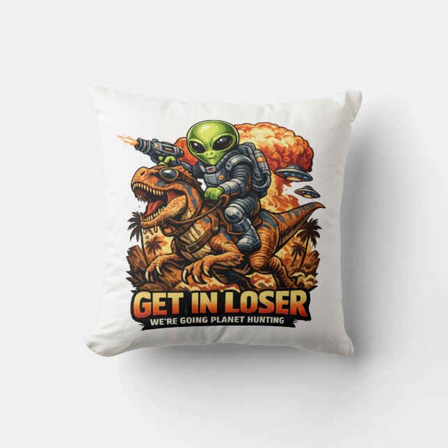 Funny Sci-Fi Fantasy Meme Art, Alien Riding Dinosa Throw Pillow (Front)