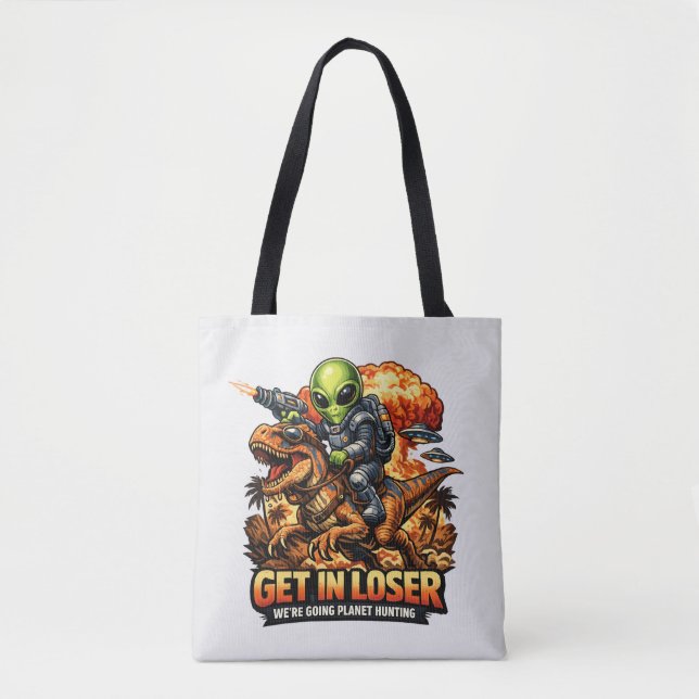 Funny Sci-Fi Fantasy Meme Art, Alien Riding Dinosa Tote Bag (Front)