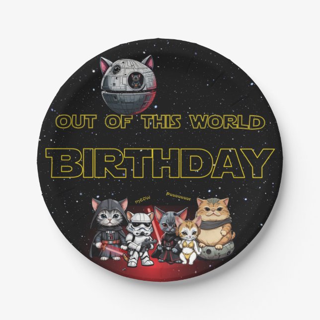 Funny Science Fiction Kitty Cat Custom Invitation Paper Plates (Front)