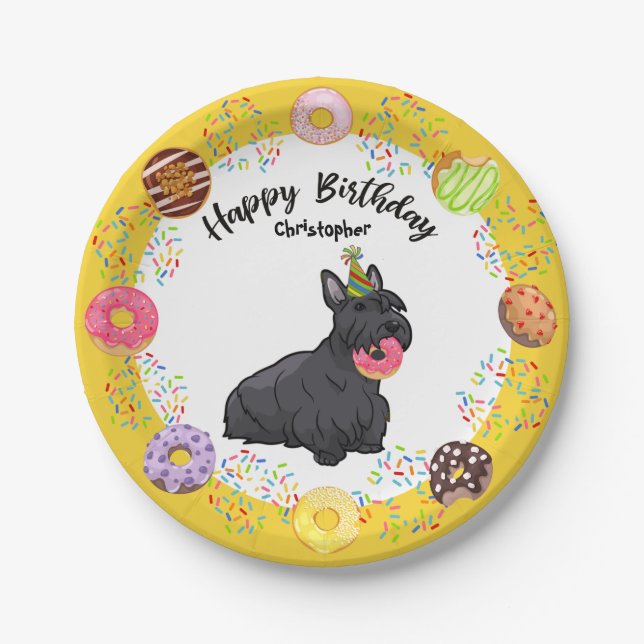 Funny Scottish Terrier Dog Donuts Birthday Party Paper Plates (Front)