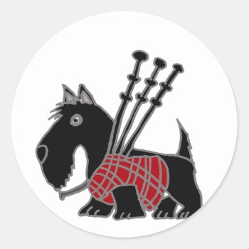 Funny Scottish Terrier Puppy Dog Playing Bagpipes Classic Round Sticker by Petspower at Zazzle