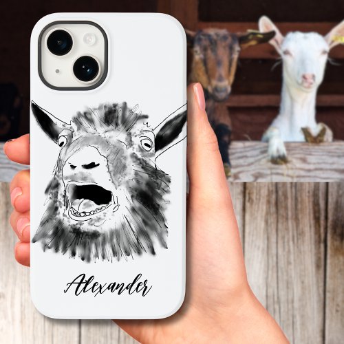 Funny Screaming Goat Black and White add Name Case_Mate iPhone 14 Case