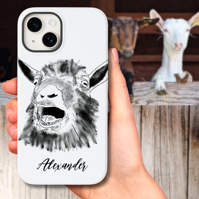 Funny Screaming Goat Black and White add Name Case-Mate iPhone Case (Funny screaming goat black and white illustration add name typography script iPhone case)