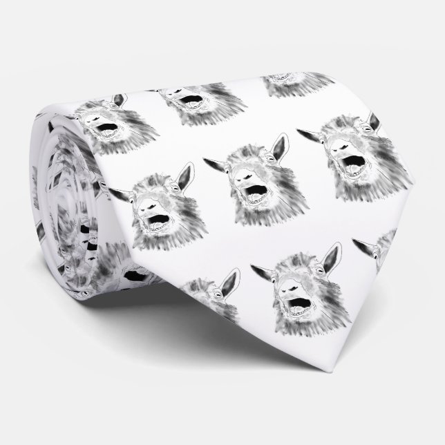 Funny Screaming Goat Drawing black and white Neck Tie (Rolled)