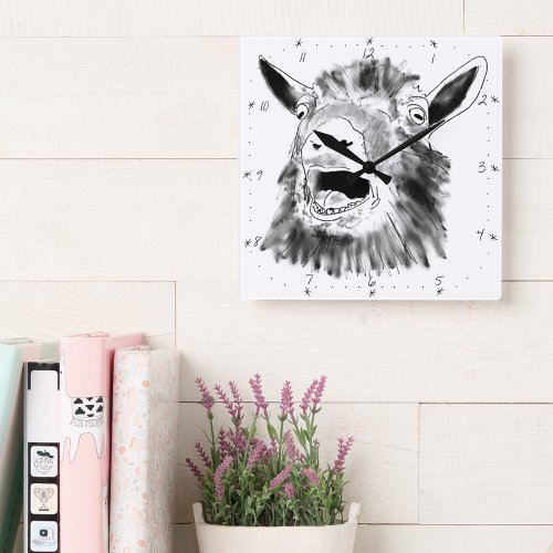 Funny Screaming Goat Drawing Quirky Animal Art Square Wall Clock