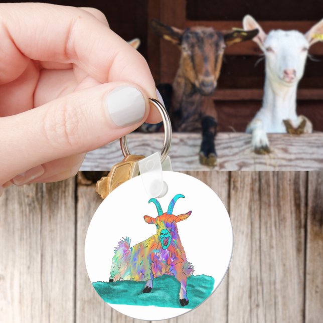 Funny Screaming Goat Farm Animal Art Keychain (Funny screaming goat colorful farm animal art keyring)