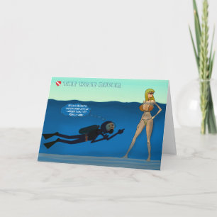 FUNNY SCUBA DIVER AND BIKINI GIRL. FUN SCUBA JOKE CARD