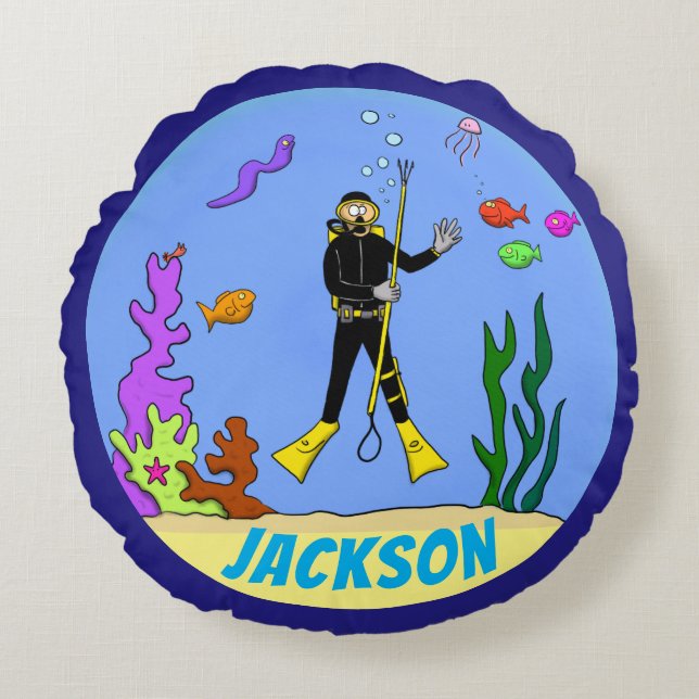 Funny scuba diver and fish cartoon round pillow (Front)
