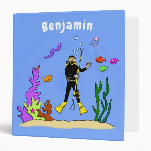 Funny scuba diver and fish sea creatures cartoon 3 ring binder (Front/Inside)