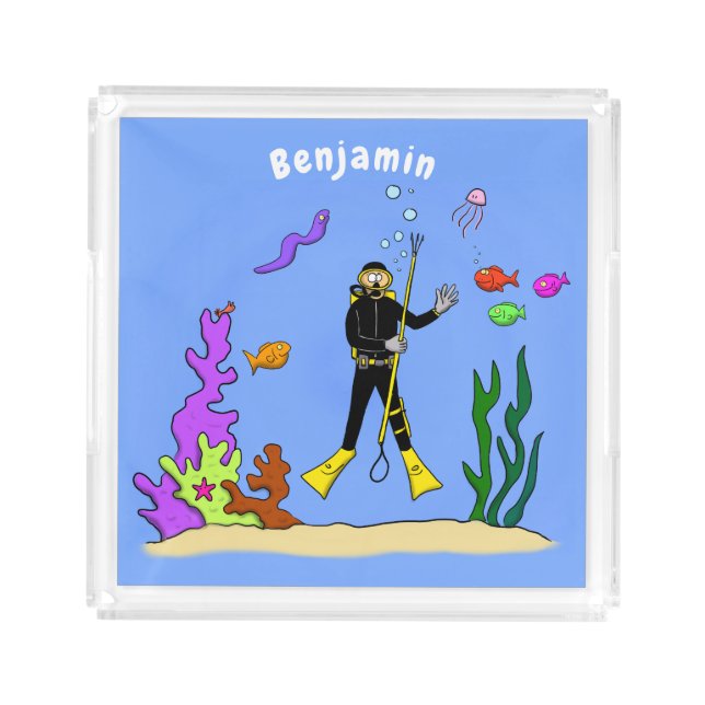 Funny scuba diver and fish sea creatures cartoon acrylic tray (Front)