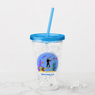 Funny scuba diver and fish sea creatures cartoon acrylic tumbler