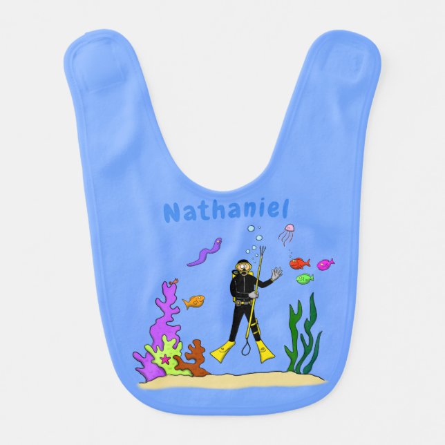 Funny scuba diver and fish sea creatures cartoon baby bib (Front)
