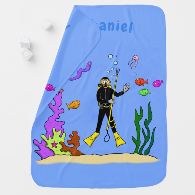 Funny scuba diver and fish sea creatures cartoon baby blanket (In Situ)