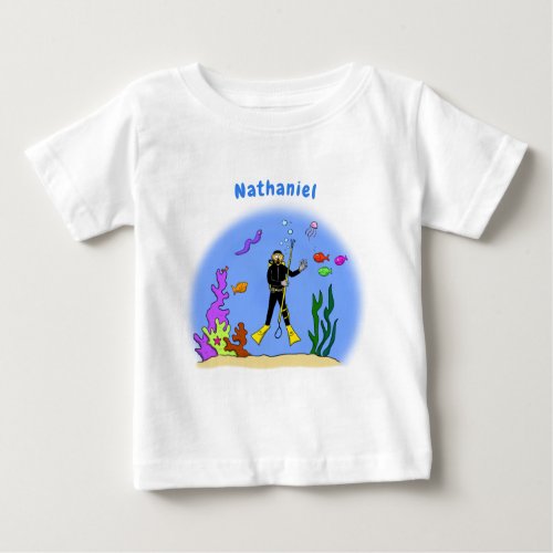 Funny scuba diver and fish sea creatures cartoon baby T_Shirt