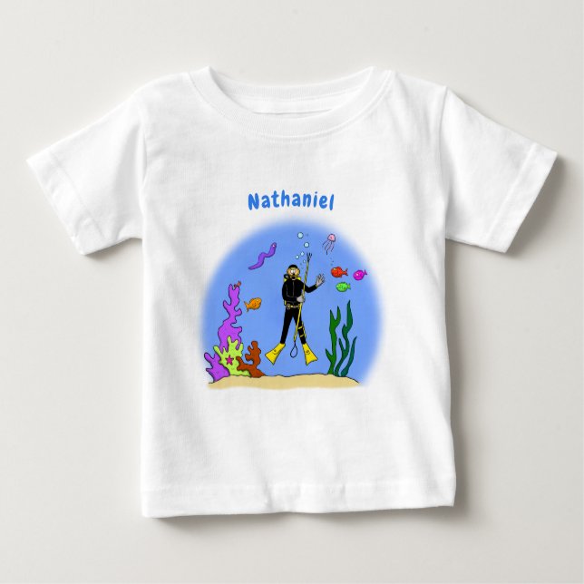 Funny scuba diver and fish sea creatures cartoon baby T-Shirt (Front)