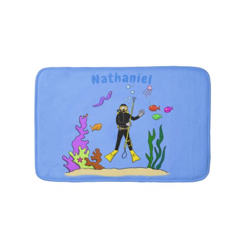 Funny scuba diver and fish sea creatures cartoon bath mat