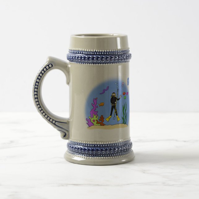 Funny scuba diver and fish sea creatures cartoon beer stein (Left)