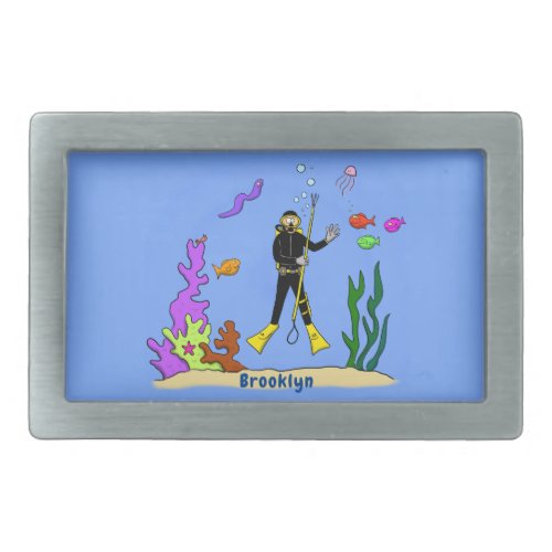 Funny scuba diver and fish sea creatures cartoon belt buckle