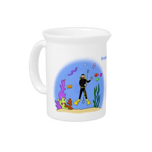Funny scuba diver and fish sea creatures cartoon beverage pitcher
