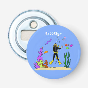 Funny scuba diver and fish sea creatures cartoon bottle opener