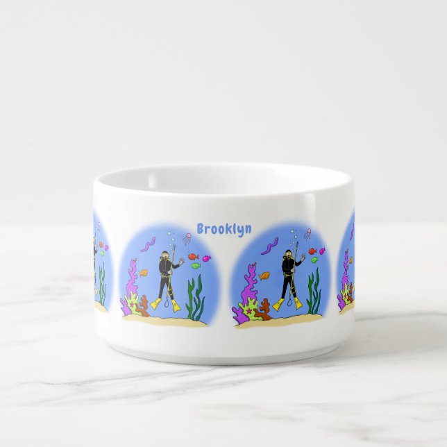 Funny scuba diver and fish sea creatures cartoon bowl (Center)