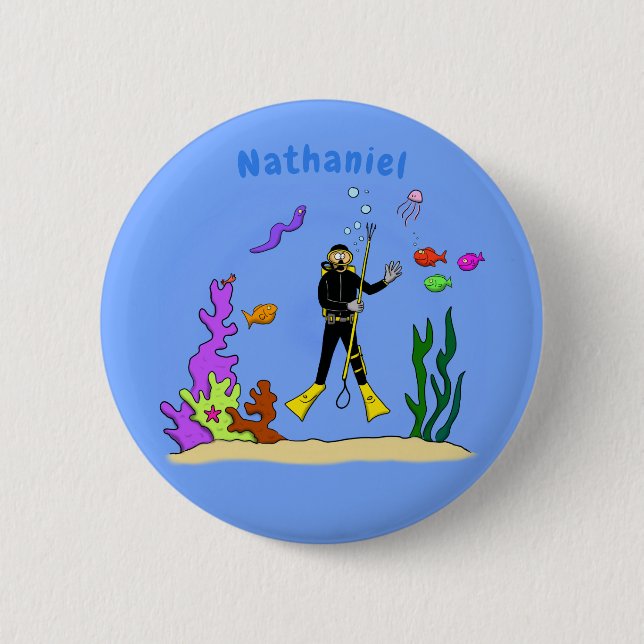 Funny scuba diver and fish sea creatures cartoon button (Front)
