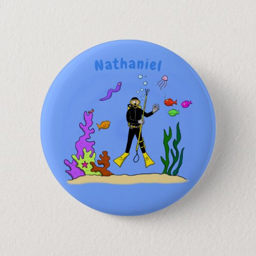 Funny scuba diver and fish sea creatures cartoon button