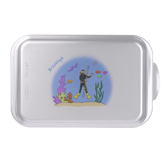 Funny scuba diver and fish sea creatures cartoon cake pan (Front)