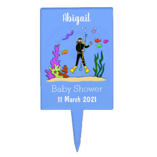 Funny scuba diver and fish sea creatures cartoon cake topper