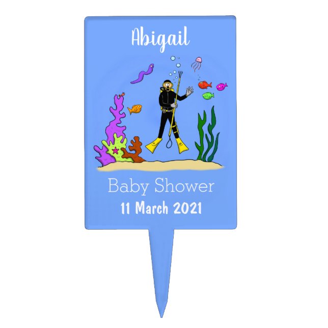 Funny scuba diver and fish sea creatures cartoon cake topper (Front)