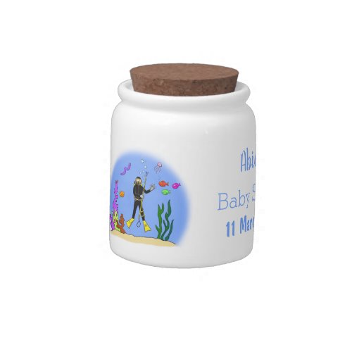 Funny scuba diver and fish sea creatures cartoon candy jar