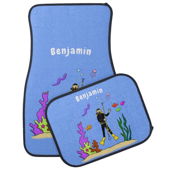 Funny scuba diver and fish sea creatures cartoon  car floor mat (Set)