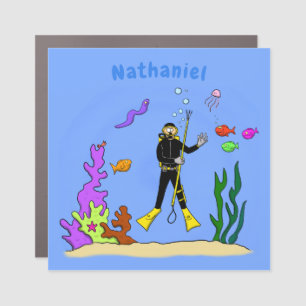 Funny scuba diver and fish sea creatures cartoon car magnet